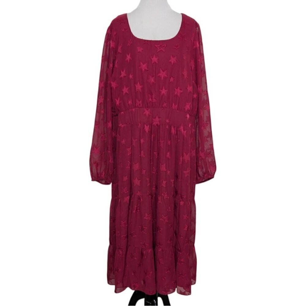 Torrid Star Print Chiffon Midi Dress Womens Size 2X Burgundy Red Tiered Lined